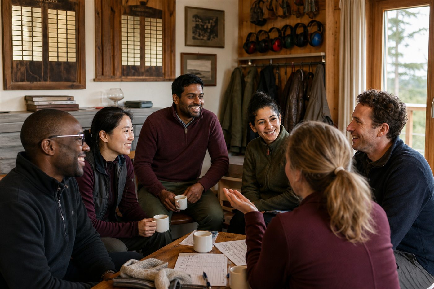 A multi-ethnic group of adult club members in conversation at a Swiss clubhouse