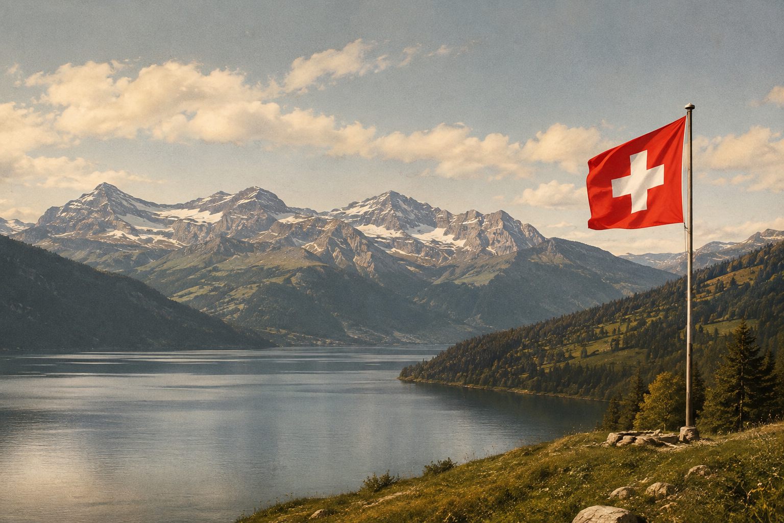 Swiss Alps and lake with the Swiss flag