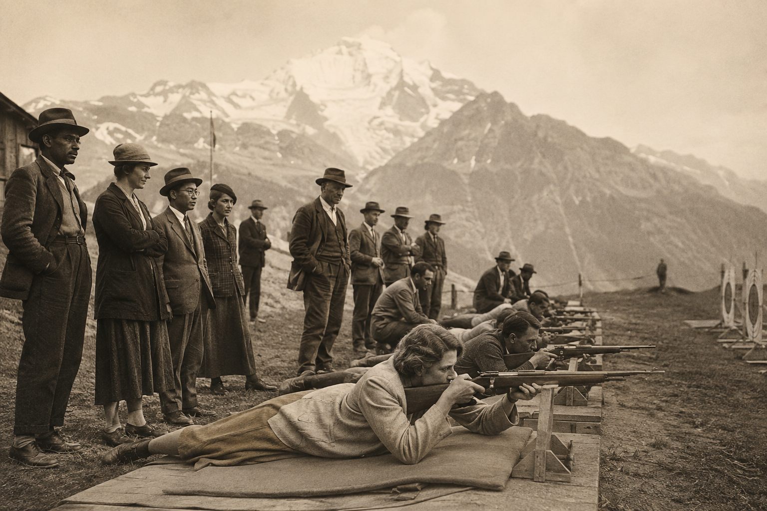 Archival-style view of a diverse Swiss club shooting day