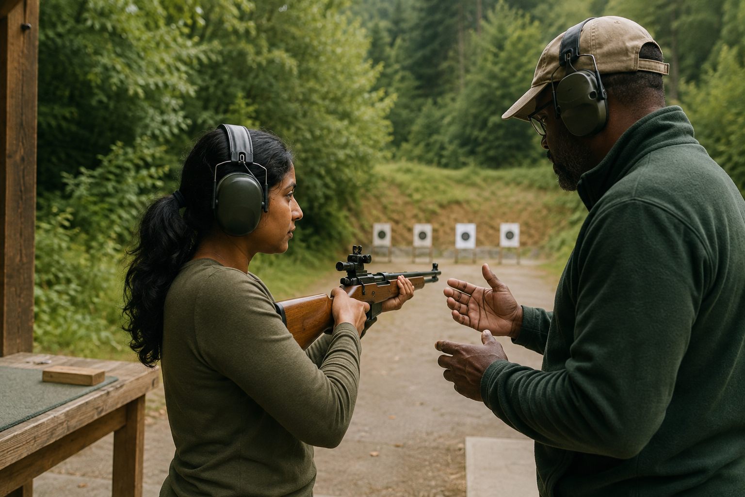 South Asian woman receiving safe range instruction from a Black club officer