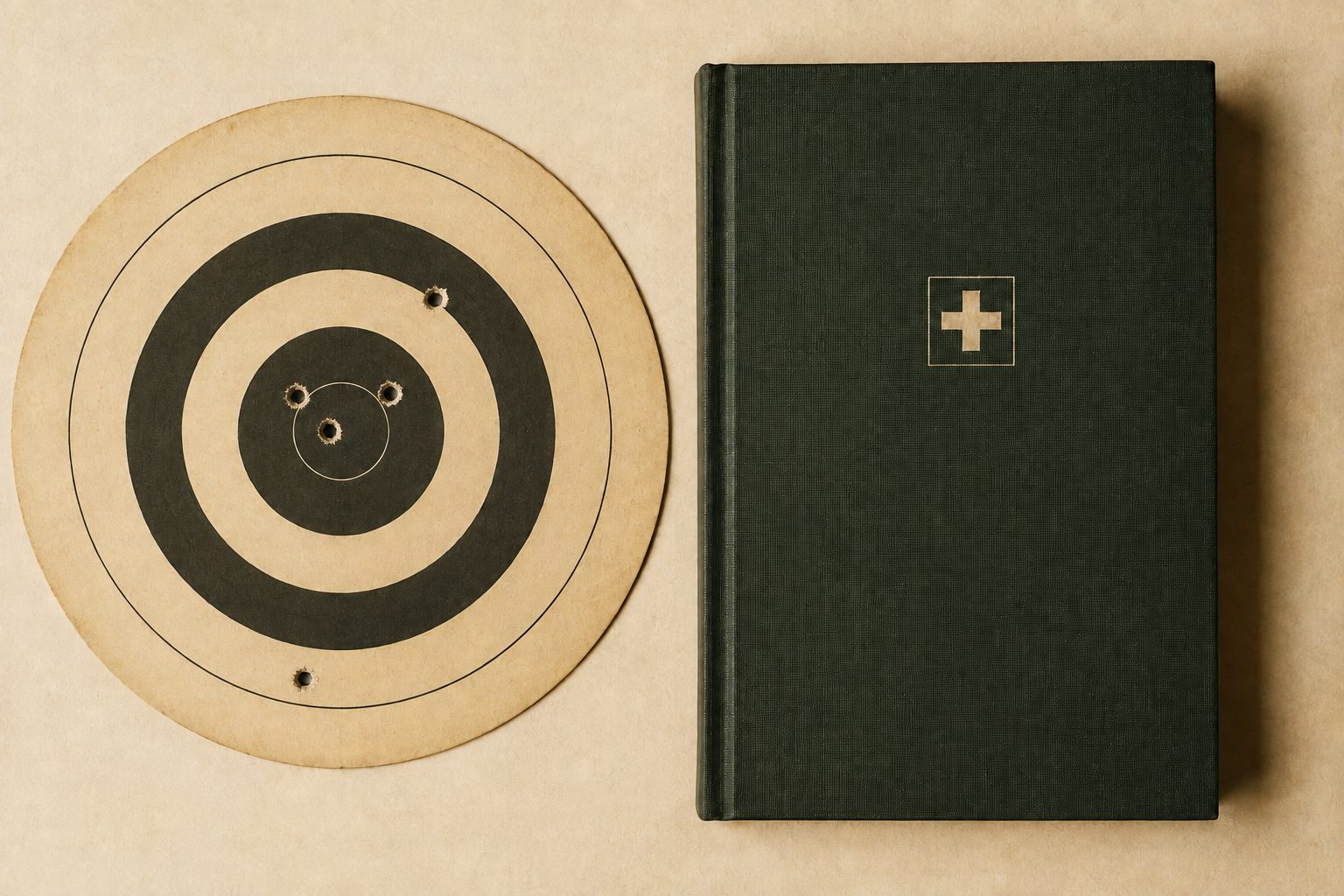 Used paper target with five impact marks beside a green Swiss club notebook