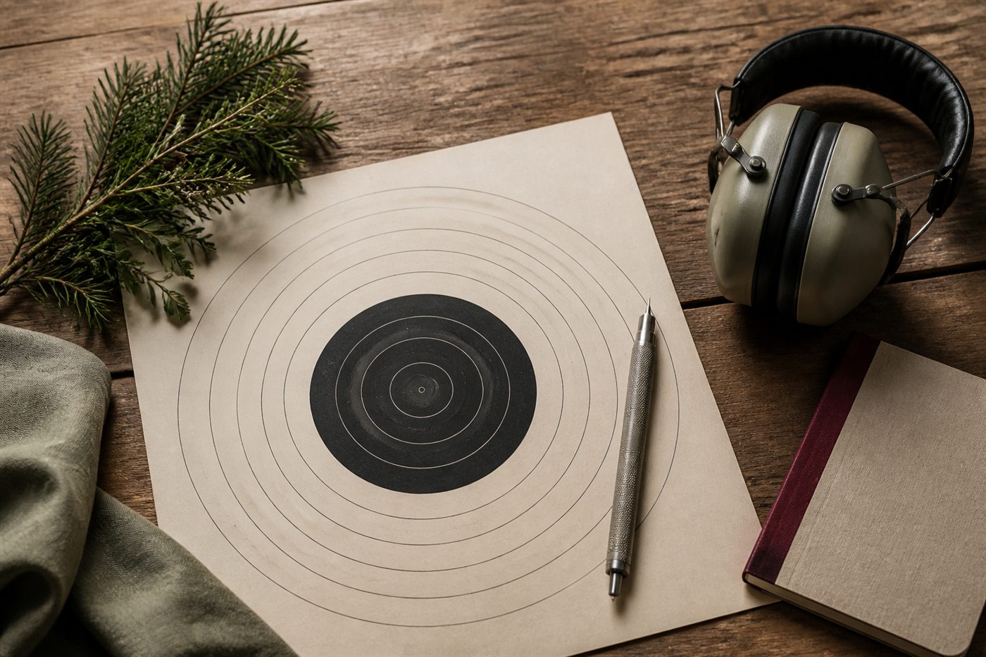Paper target, hearing protection and notebook arranged on a wooden table